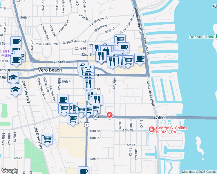 map of restaurants, bars, coffee shops, grocery stores, and more near 665 20th Street in Vero Beach