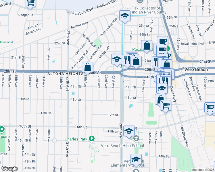 map of restaurants, bars, coffee shops, grocery stores, and more near 2154 19th Street in Vero Beach