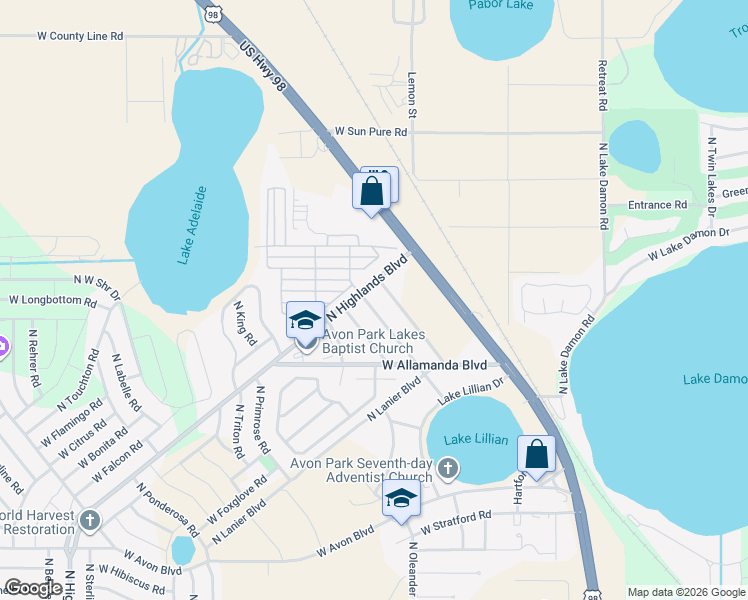 map of restaurants, bars, coffee shops, grocery stores, and more near 2682 North Mulberry Road in Avon Park