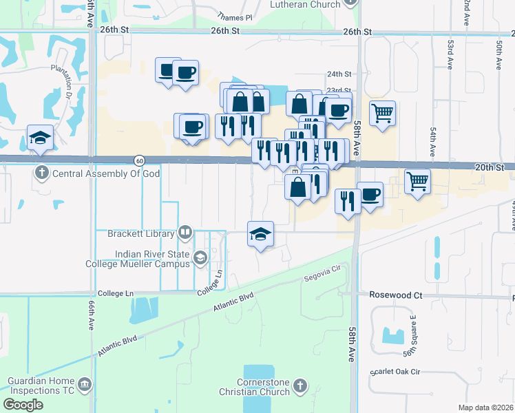 map of restaurants, bars, coffee shops, grocery stores, and more near 1846 Sixty Oaks Lane in Vero Beach
