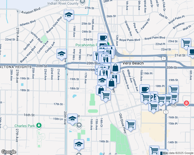 map of restaurants, bars, coffee shops, grocery stores, and more near 1427 19th Street in Vero Beach