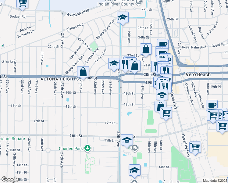 map of restaurants, bars, coffee shops, grocery stores, and more near 1867 20th Avenue in Vero Beach