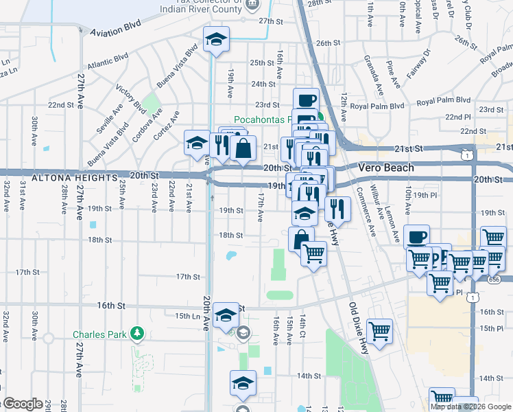map of restaurants, bars, coffee shops, grocery stores, and more near 1725 19th Street in Vero Beach