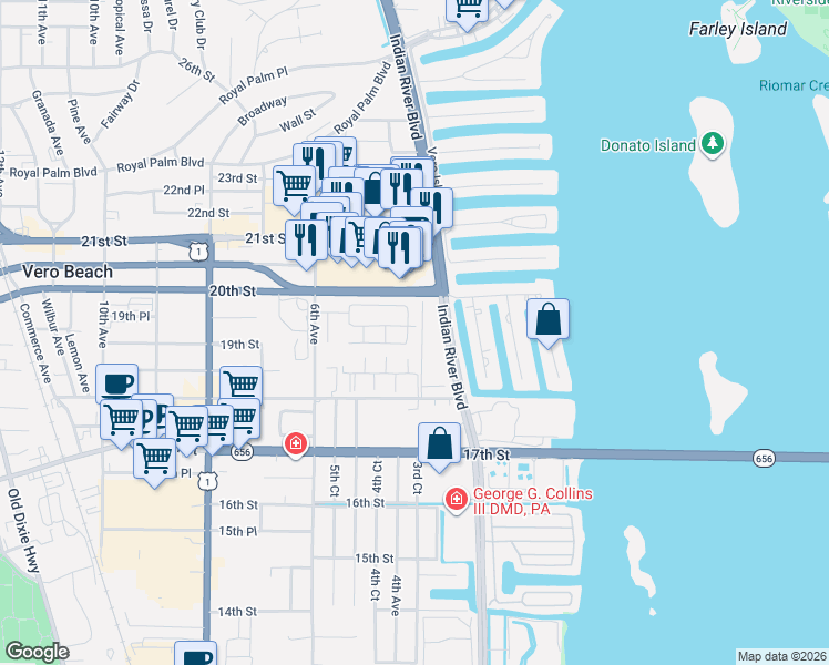 map of restaurants, bars, coffee shops, grocery stores, and more near 1801 Indian River Boulevard in Vero Beach
