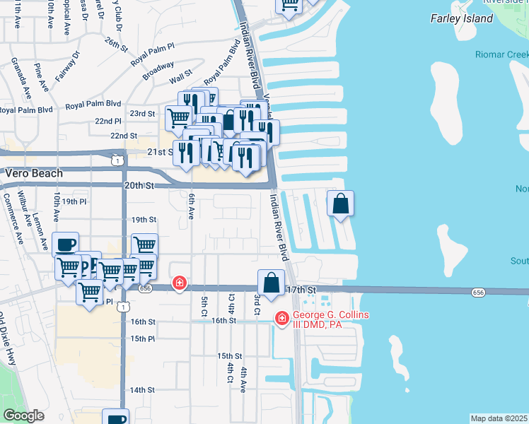 map of restaurants, bars, coffee shops, grocery stores, and more near 1801 Indian River Boulevard in Vero Beach