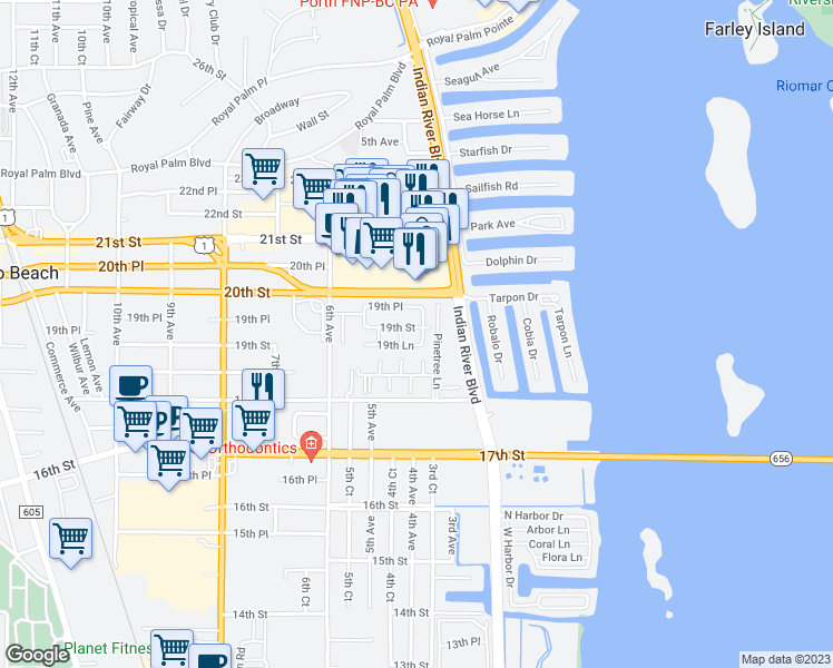 map of restaurants, bars, coffee shops, grocery stores, and more near 405 19th Street in Vero Beach