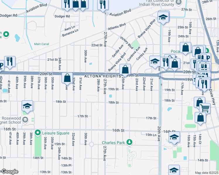 map of restaurants, bars, coffee shops, grocery stores, and more near 1844 27th Avenue in Vero Beach