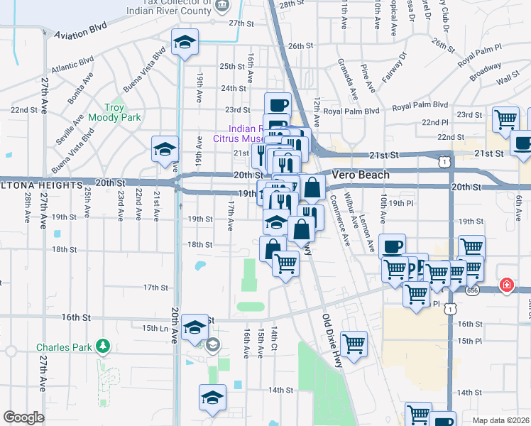 map of restaurants, bars, coffee shops, grocery stores, and more near 1427 19th Street in Vero Beach