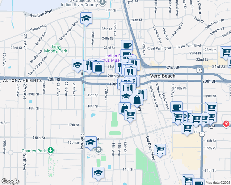 map of restaurants, bars, coffee shops, grocery stores, and more near in Vero Beach