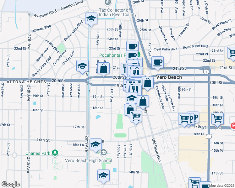 map of restaurants, bars, coffee shops, grocery stores, and more near in Vero Beach