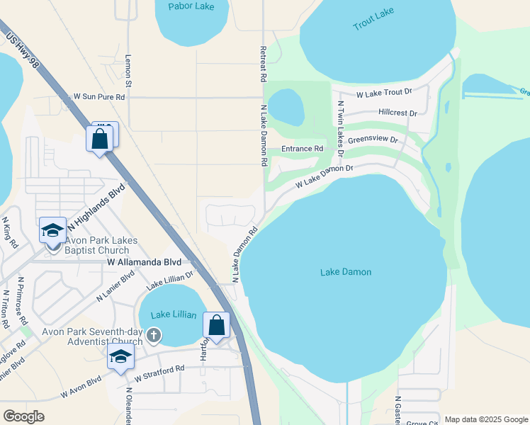 map of restaurants, bars, coffee shops, grocery stores, and more near 2847 North Lake Damon Road in Avon Park