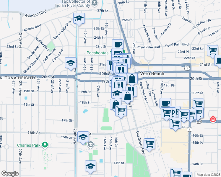 map of restaurants, bars, coffee shops, grocery stores, and more near 1427 19th Street in Vero Beach