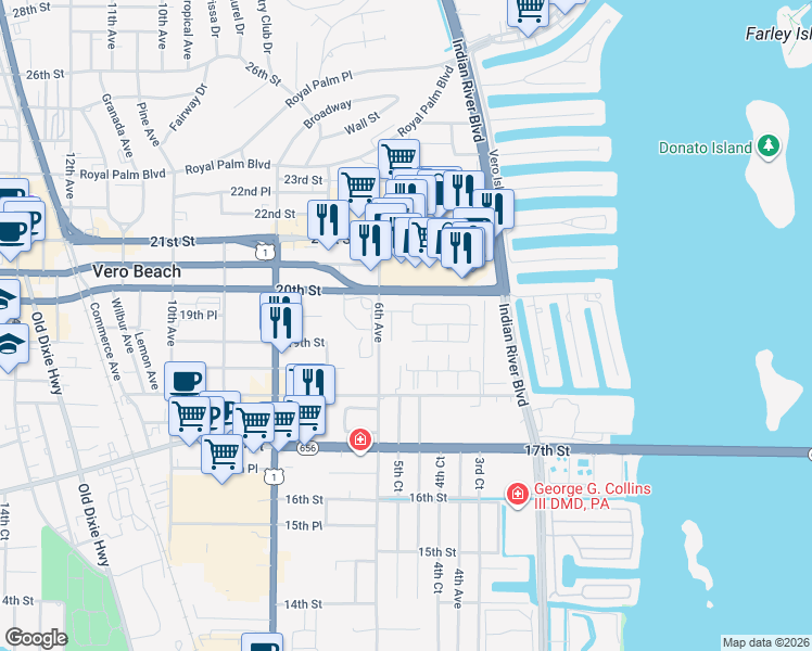 map of restaurants, bars, coffee shops, grocery stores, and more near 505 19th Lane in Vero Beach