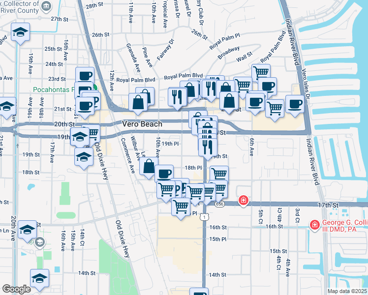 map of restaurants, bars, coffee shops, grocery stores, and more near 1946 9th Avenue in Vero Beach