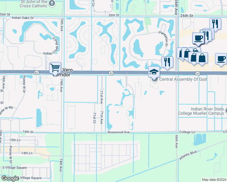 map of restaurants, bars, coffee shops, grocery stores, and more near 1925 Westminster Circle in Vero Beach
