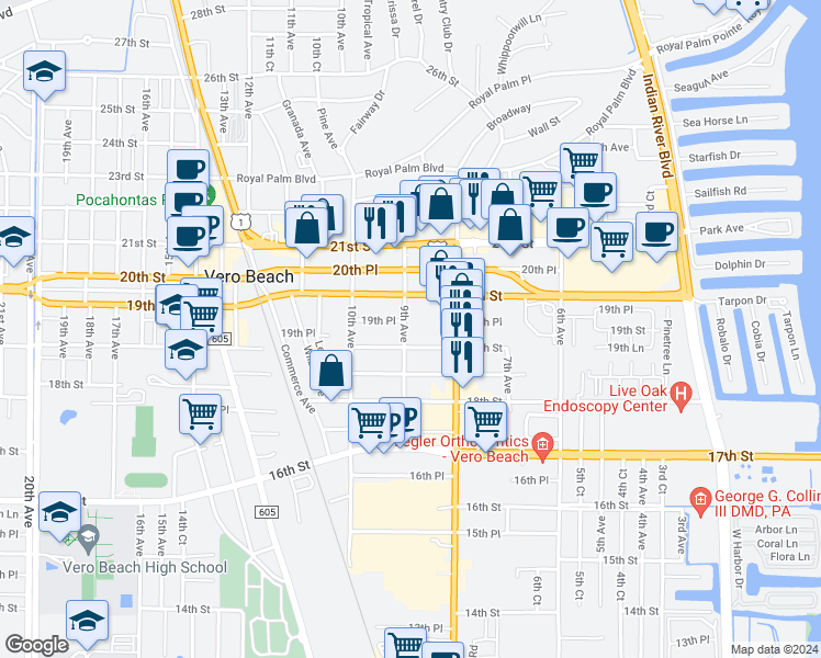 map of restaurants, bars, coffee shops, grocery stores, and more near 1928 9th Avenue in Vero Beach