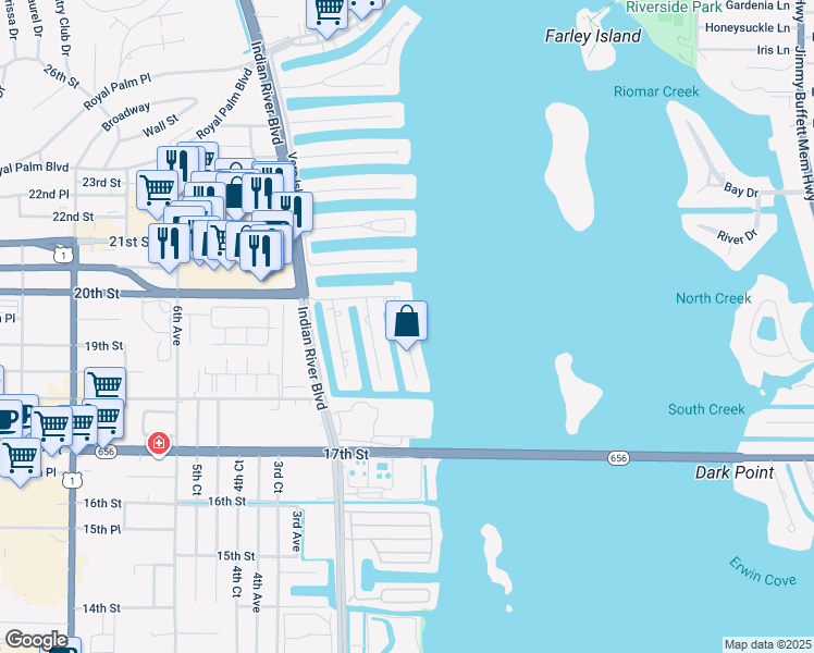map of restaurants, bars, coffee shops, grocery stores, and more near 1875 Tarpon Lane in Vero Beach