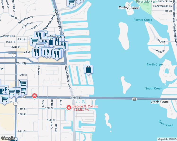 map of restaurants, bars, coffee shops, grocery stores, and more near 1910 Tarpon Lane in Vero Beach