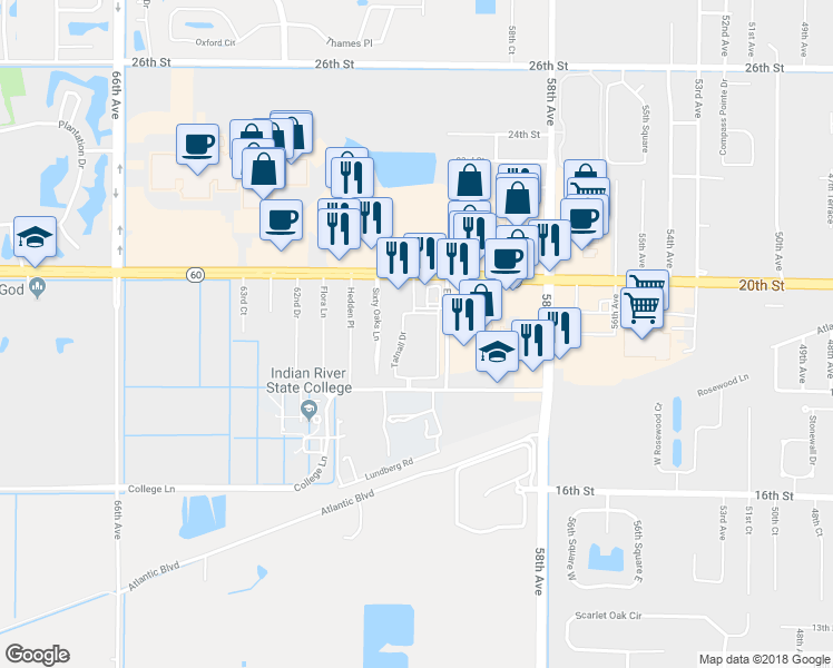 map of restaurants, bars, coffee shops, grocery stores, and more near 6045 20th Street in Vero Beach