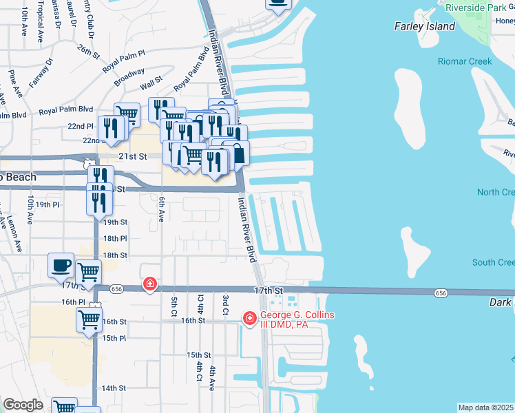 map of restaurants, bars, coffee shops, grocery stores, and more near 1953 Robalo Drive in Vero Beach