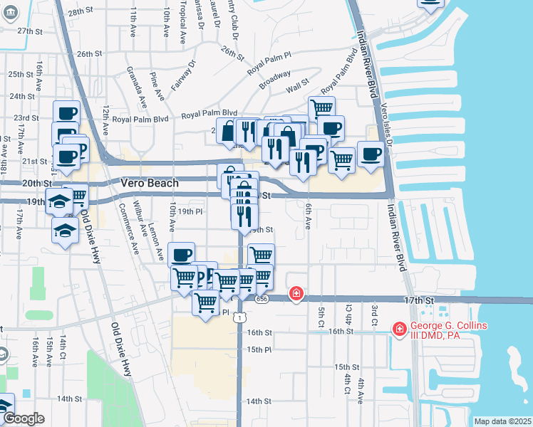 map of restaurants, bars, coffee shops, grocery stores, and more near 726 19th Place in Vero Beach