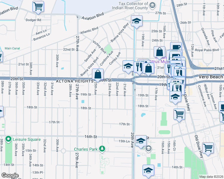 map of restaurants, bars, coffee shops, grocery stores, and more near 1984 23rd Avenue in Vero Beach