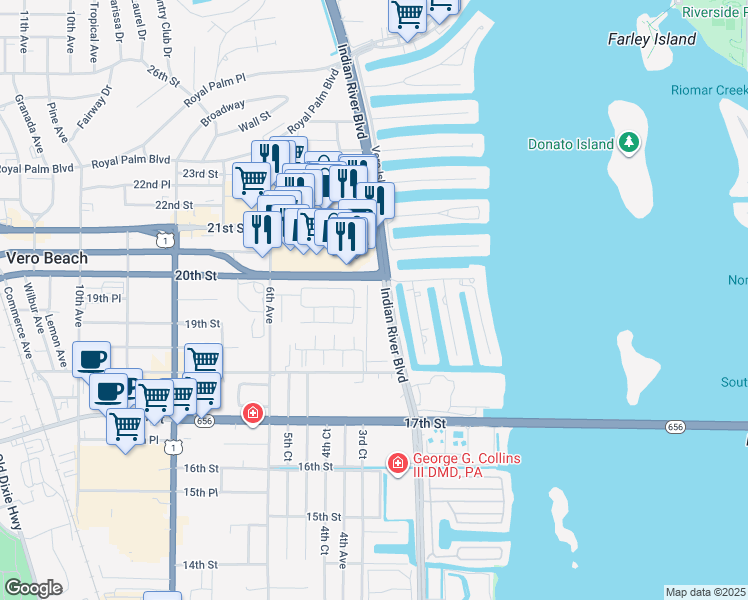 map of restaurants, bars, coffee shops, grocery stores, and more near 1901 Indian River Boulevard in Vero Beach