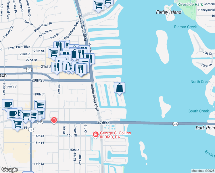 map of restaurants, bars, coffee shops, grocery stores, and more near 1920 Cobia Drive in Vero Beach