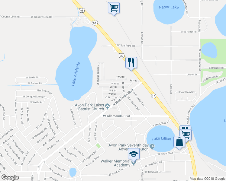 map of restaurants, bars, coffee shops, grocery stores, and more near 1544 West E Street in Avon Park