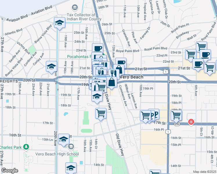 map of restaurants, bars, coffee shops, grocery stores, and more near 1301 19th Place in Vero Beach