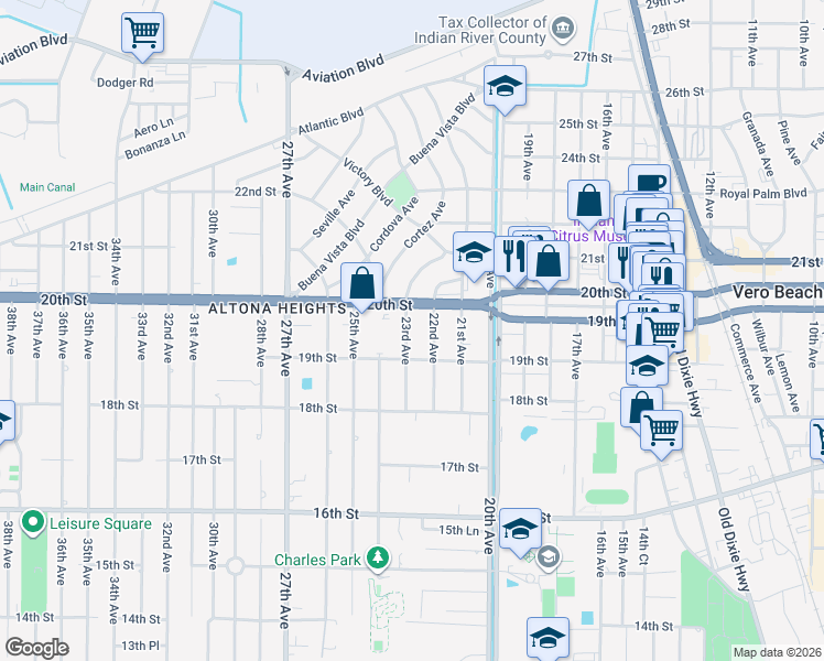 map of restaurants, bars, coffee shops, grocery stores, and more near 1984 23rd Avenue in Vero Beach