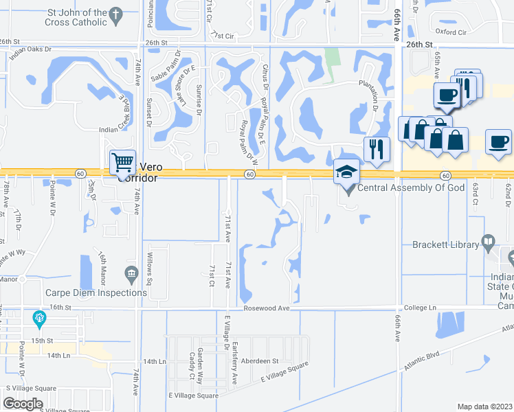 map of restaurants, bars, coffee shops, grocery stores, and more near 1925 Westminster Circle in Vero Beach