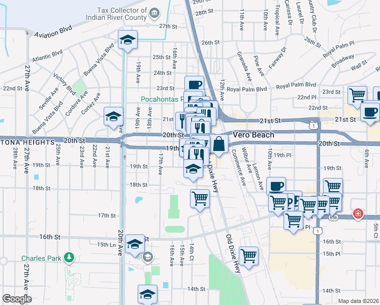 map of restaurants, bars, coffee shops, grocery stores, and more near 1429 Florida 60 in Vero Beach