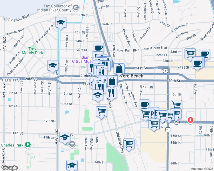 map of restaurants, bars, coffee shops, grocery stores, and more near 1301 19th Place in Vero Beach