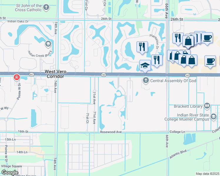 map of restaurants, bars, coffee shops, grocery stores, and more near 1925 Westminster Circle in Vero Beach