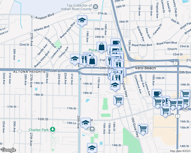map of restaurants, bars, coffee shops, grocery stores, and more near 1723 19th Place in Vero Beach