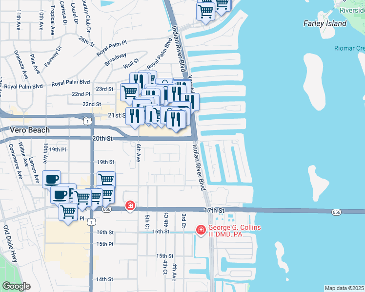 map of restaurants, bars, coffee shops, grocery stores, and more near 1926 4th Avenue in Vero Beach