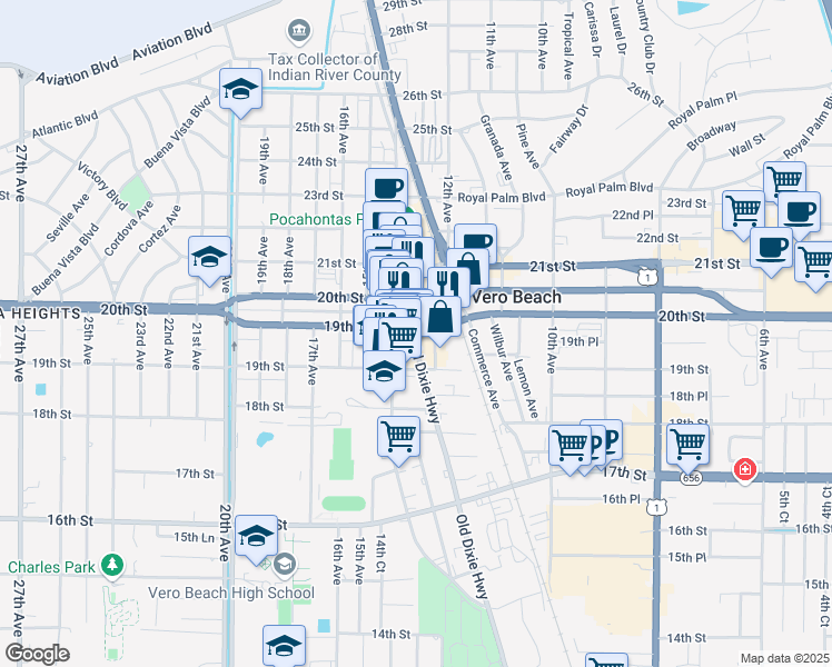 map of restaurants, bars, coffee shops, grocery stores, and more near 1301 19th Place in Vero Beach