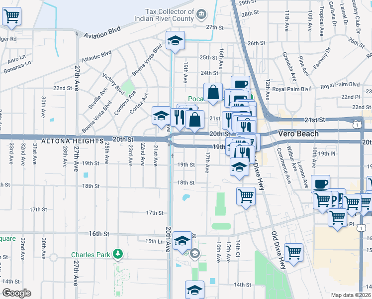 map of restaurants, bars, coffee shops, grocery stores, and more near 1964 19th Avenue in Vero Beach