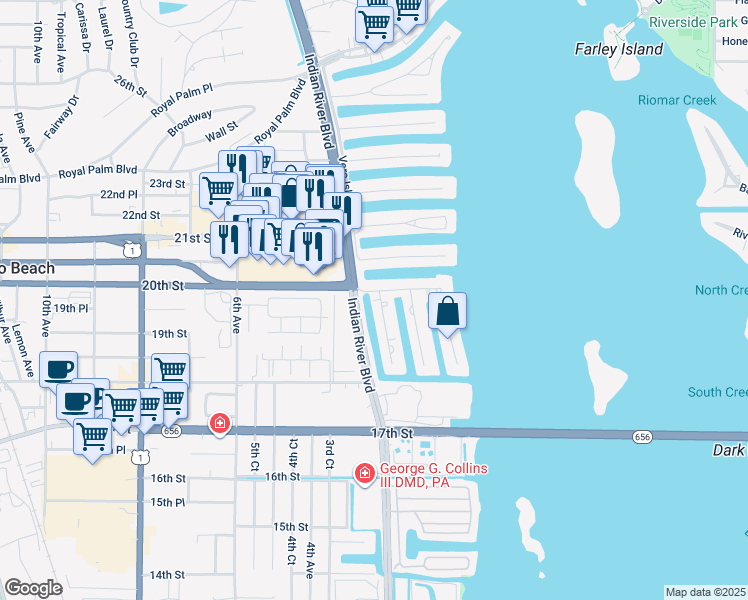 map of restaurants, bars, coffee shops, grocery stores, and more near 1953 Robalo Drive in Vero Beach