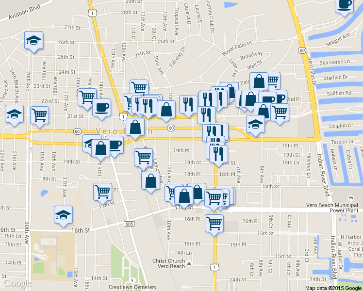 map of restaurants, bars, coffee shops, grocery stores, and more near 901 20th Street in Vero Beach