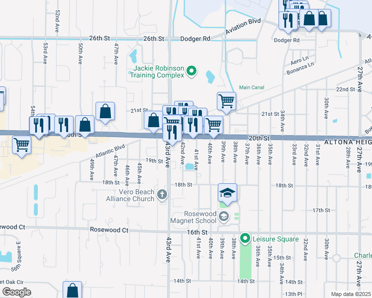 map of restaurants, bars, coffee shops, grocery stores, and more near 1954 42nd Avenue in Vero Beach