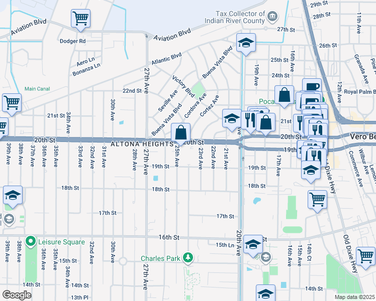 map of restaurants, bars, coffee shops, grocery stores, and more near 2425 20th Street in Vero Beach