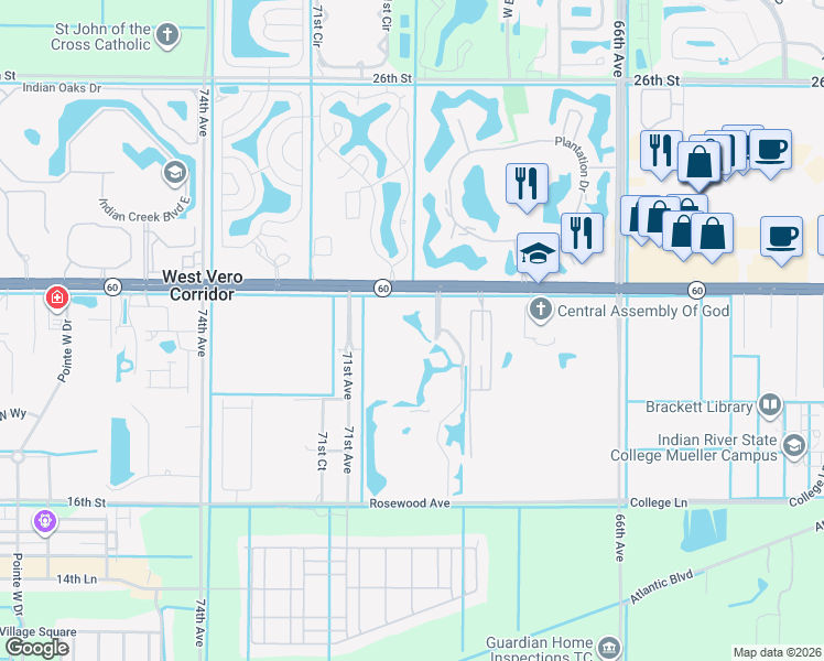 map of restaurants, bars, coffee shops, grocery stores, and more near 1925 Westminster Circle in Vero Beach