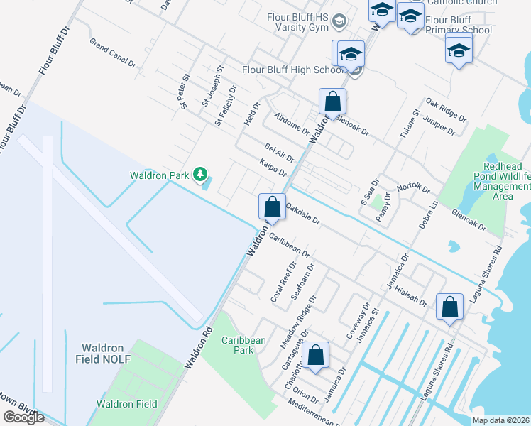 map of restaurants, bars, coffee shops, grocery stores, and more near 3030 Waldron Road in Corpus Christi