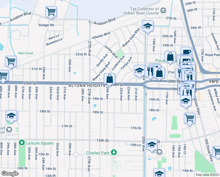 map of restaurants, bars, coffee shops, grocery stores, and more near 1960 25th Avenue in Vero Beach