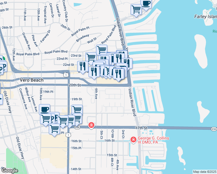 map of restaurants, bars, coffee shops, grocery stores, and more near 486 19th Place in Vero Beach