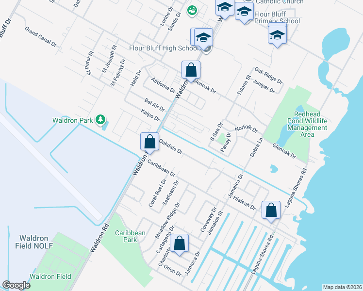 map of restaurants, bars, coffee shops, grocery stores, and more near 510 Oakdale Drive in Corpus Christi