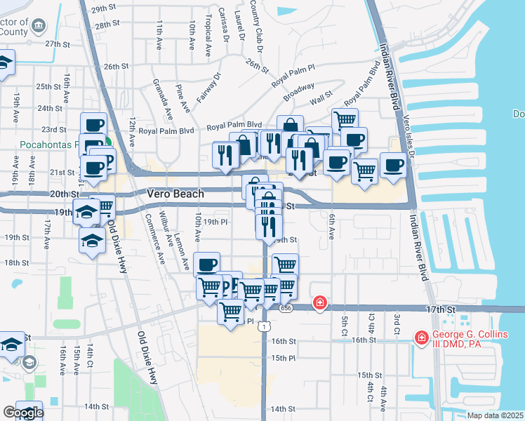 map of restaurants, bars, coffee shops, grocery stores, and more near 803 20th Street in Vero Beach