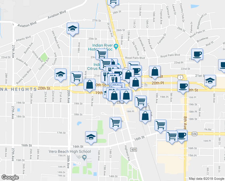 map of restaurants, bars, coffee shops, grocery stores, and more near 1965 14th Avenue in Vero Beach